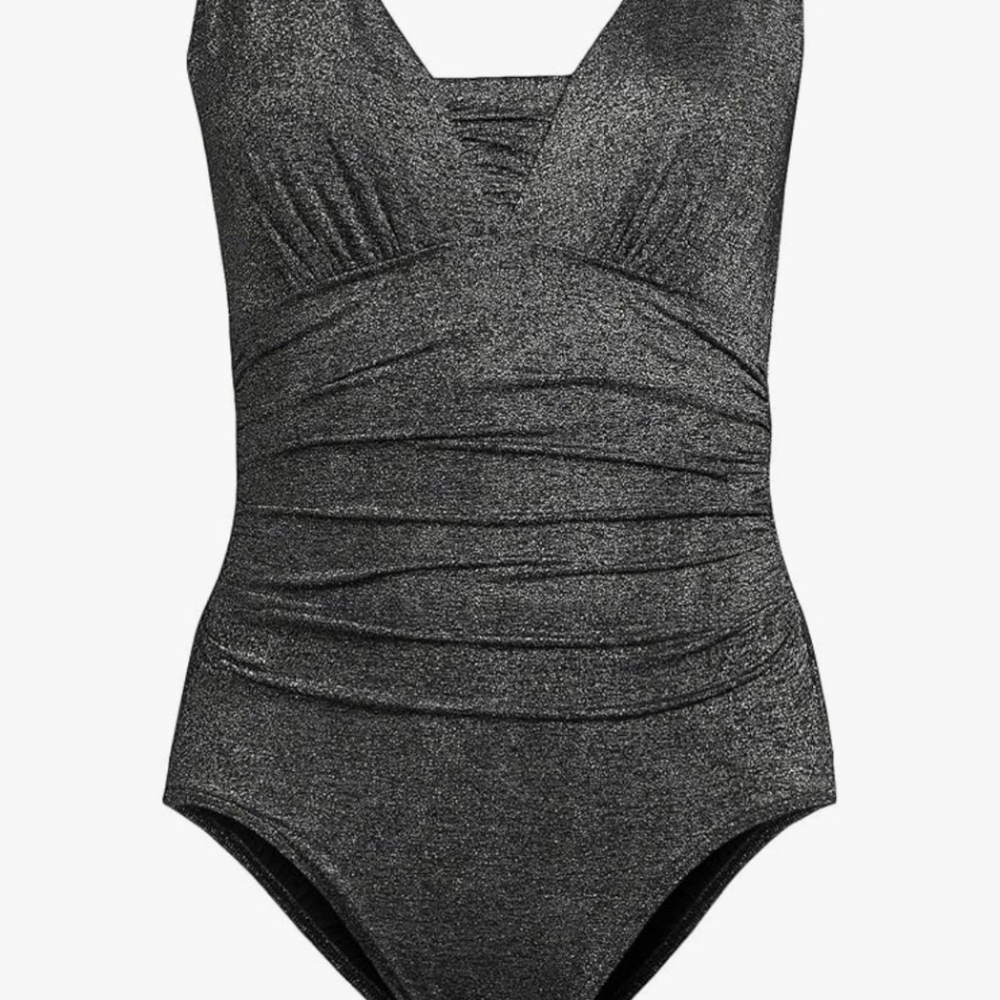 Lands' End Womens Slender Suit Shine Grecian High Leg One Piece Swimsuit Black